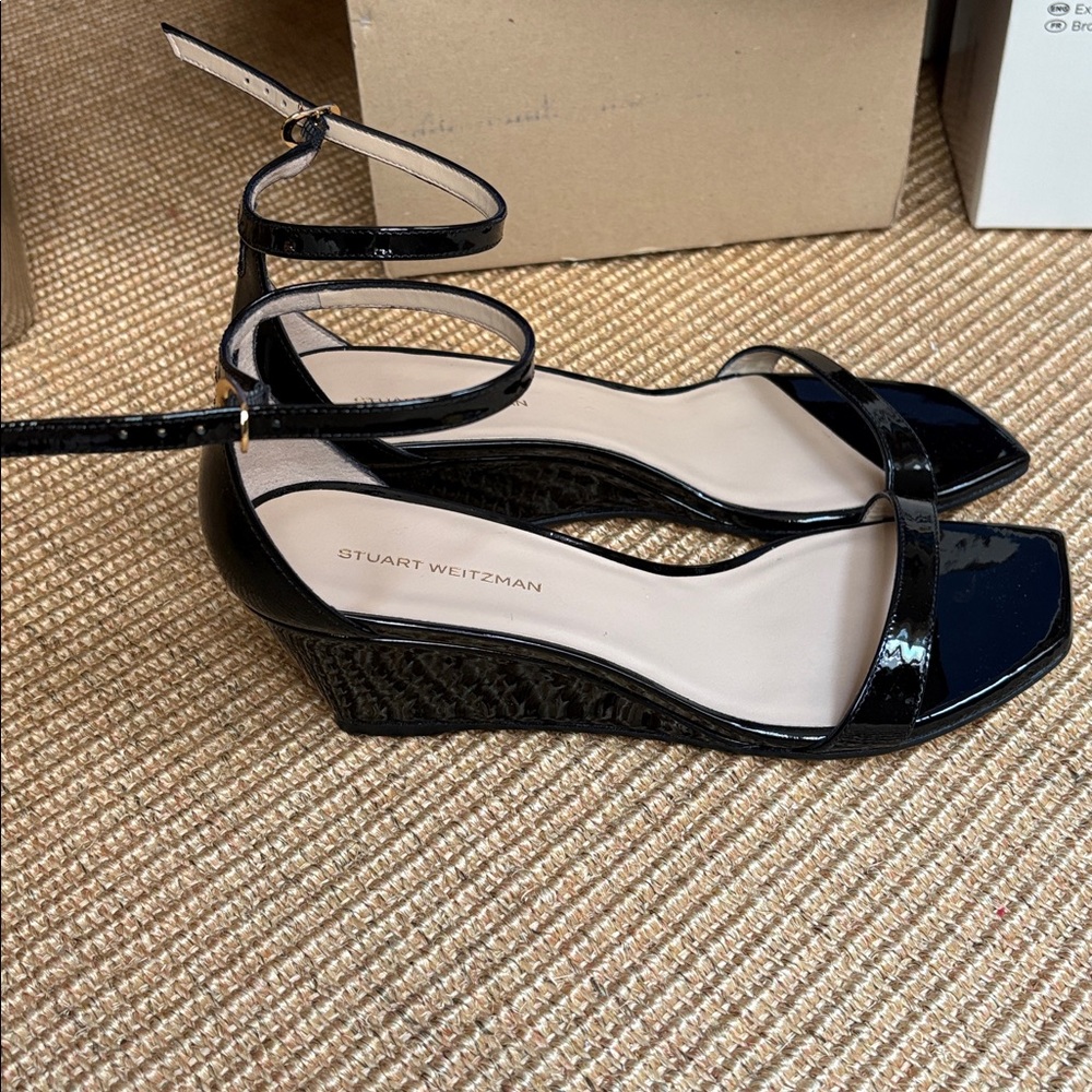 NWT Stuart Weitzman Nudistcurve 50 Black Patent Leather Wedges Sandals 7 - Picture 9 of 11